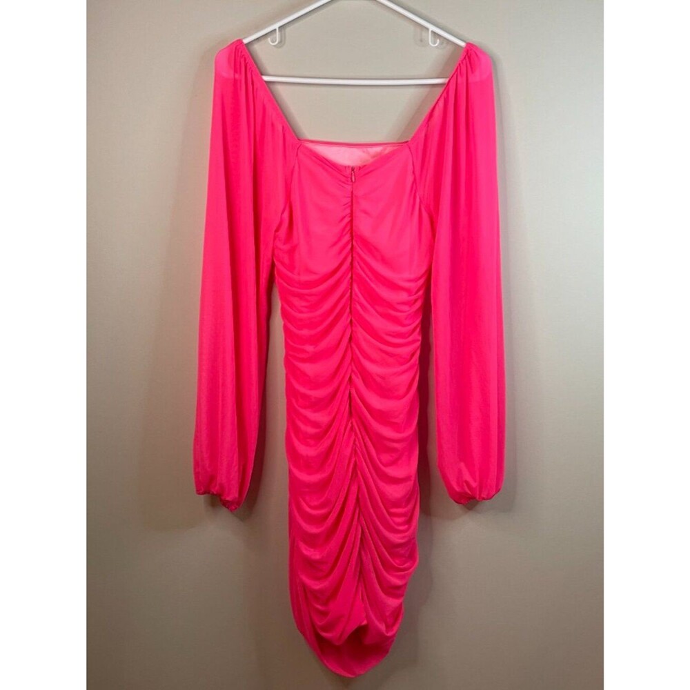 MEROKEETY Hot Pink Long Sleeve Square Neck Mesh Bodycon Midi Dress Size M 8-10 - Picture 3 of 15